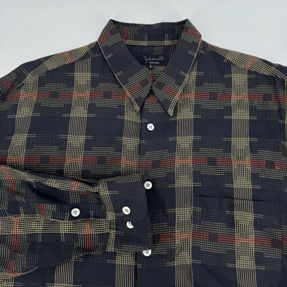 Yamato Mens Large Button Down Shirt Made in Japan Black Plaid Long Sleeve L